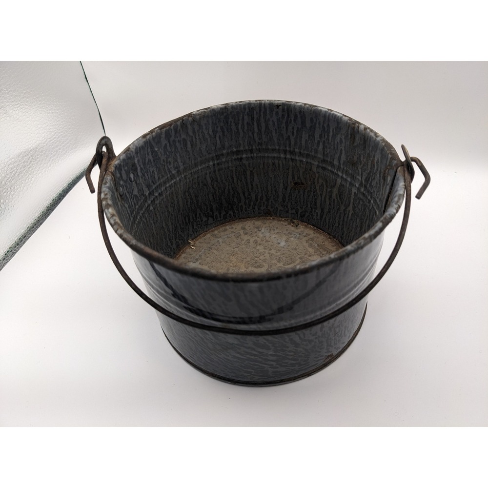 Vintage Grey Granite Enamelware Bucket Wire Bail Handle Primitive Farmhouse 7in